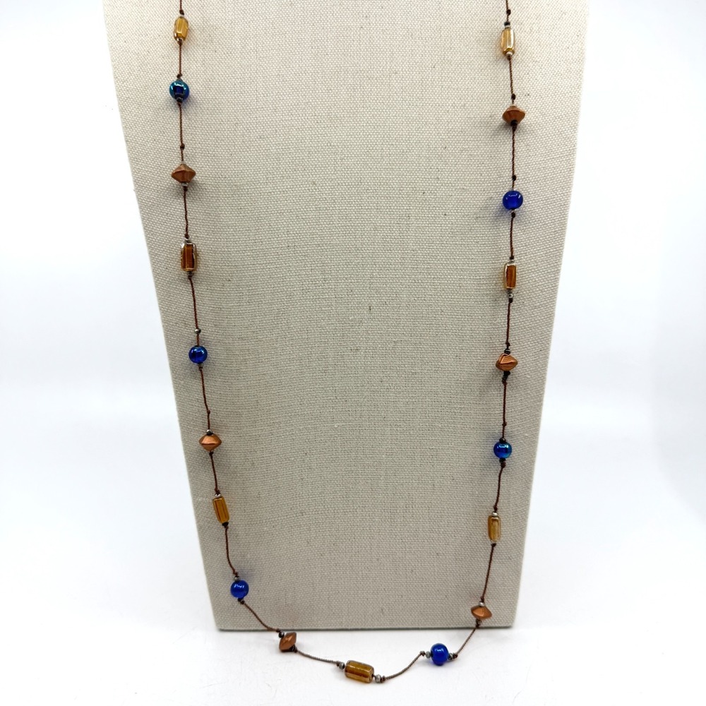 Cobalt Blue Beaded Station Necklace - Boho Bronze Tone Fashion Jewelry